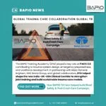 Promotional graphic from BAPIO Training Academy highlighting the Road Safety and Post-Crash Care Campaign in collaboration with Tata Motors. The image shows a warning triangle on a road with a car and responder in the background, alongside text about BTA’s role at ITACC 2.0 in strengthening trauma care through India–UK–USA collaboration.