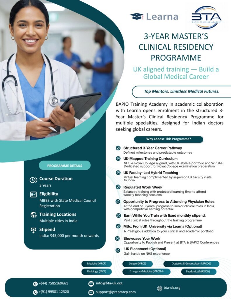Flyer for BTA's 3-Year Master's Clinical Residency Programme, showing a doctor with a tablet and programme details.