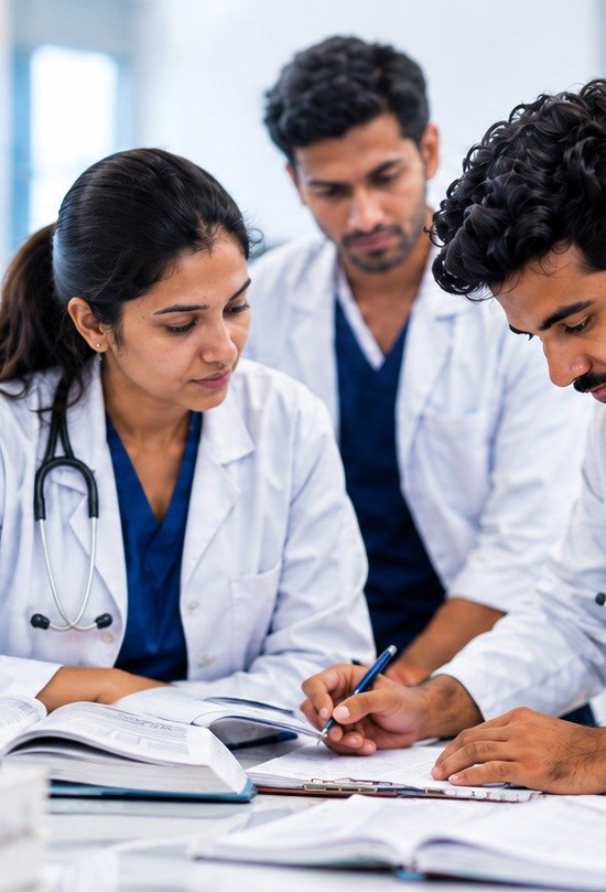 Three Indian doctors in white coats reviewing clinical notes together